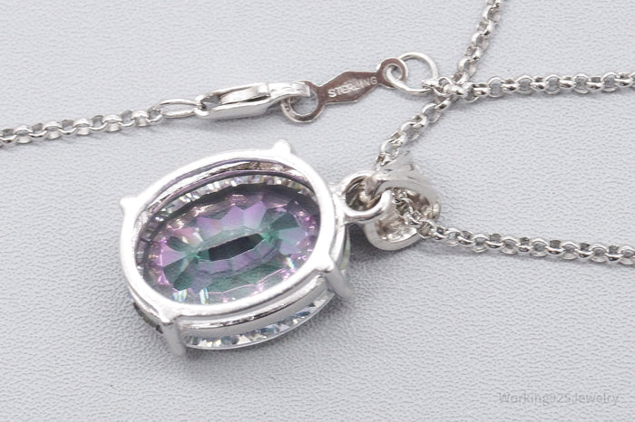 Vintage Large Mystic Topaz Sterling Silver Necklace 18"