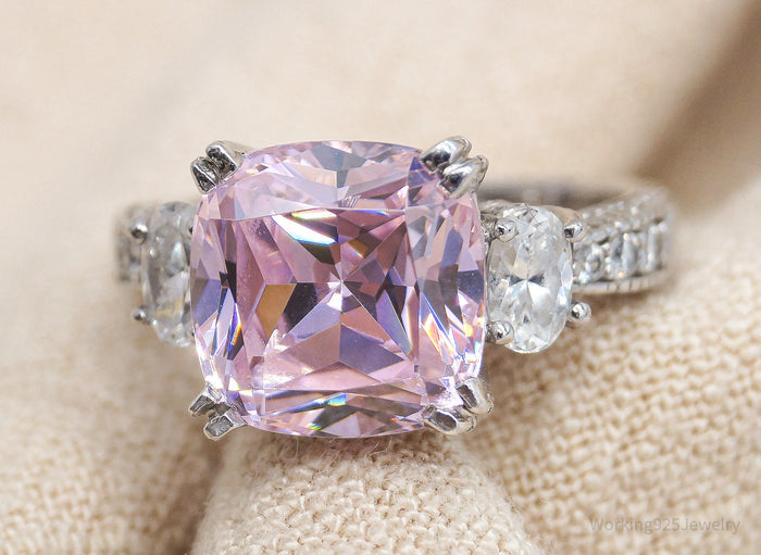 Vintage Large Pink & White Cubic Zirconia Sterling Silver Ring - Size 6