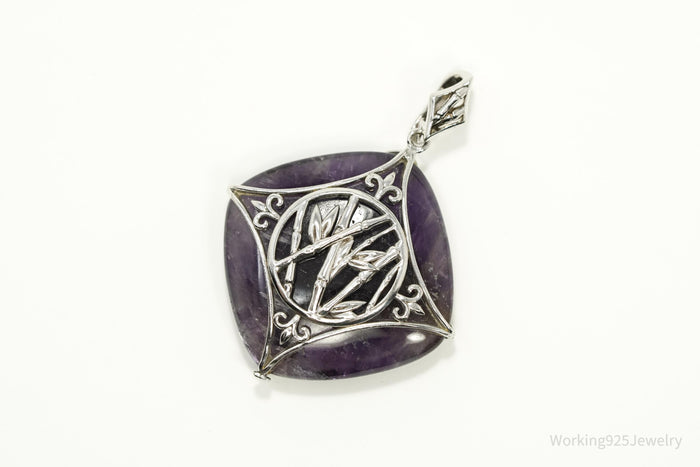 Vintage Large Purple Amethyst Sterling Silver Necklace Pendant 1 13/16"