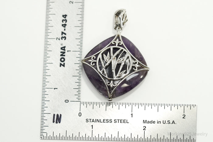 Vintage Large Purple Amethyst Sterling Silver Necklace Pendant 1 13/16"