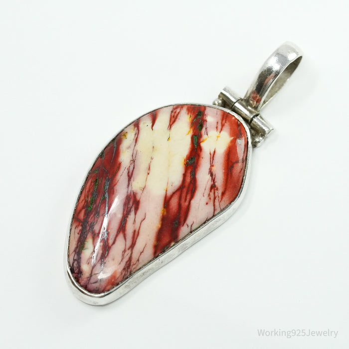 Vintage Large Red Snakeskin Jasper Sterling Silver Necklace Pendant