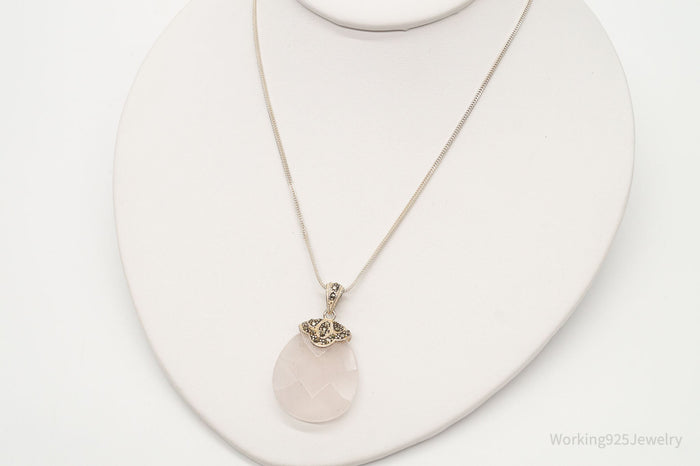 Vintage Large Rose Quartz Marcasite Sterling Silver Necklace