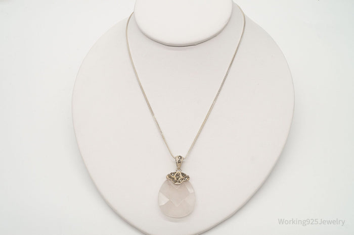 Vintage Large Rose Quartz Marcasite Sterling Silver Necklace