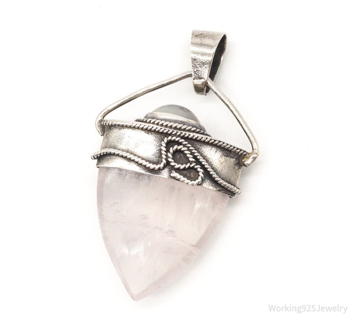 Vintage Large Rose Quartz White Moonstone Sterling Silver Pendant