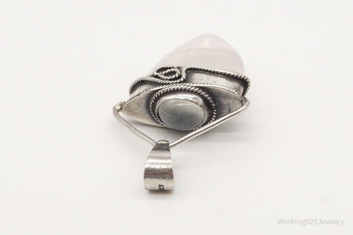 Vintage Large Rose Quartz White Moonstone Sterling Silver Pendant