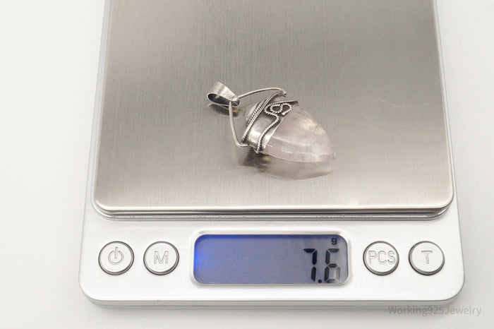 Vintage Large Rose Quartz White Moonstone Sterling Silver Pendant