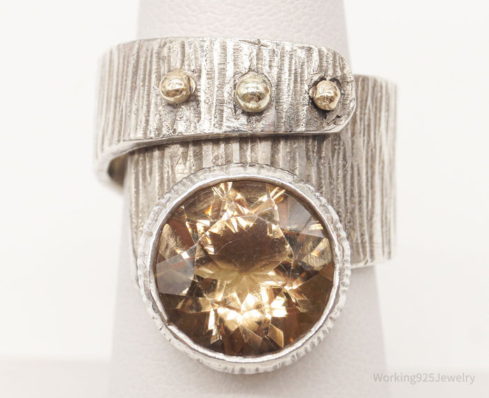 Vintage Large Smoky Topaz 14K Gold Sterling Silver Ring - Size 7.25 Adjustable