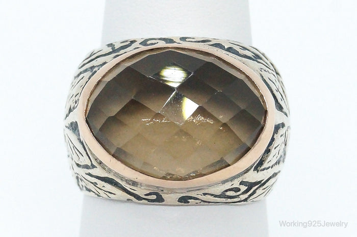 Vintage Large Smoky Topaz 14K Gold Sterling Silver Ring - Size 7.25