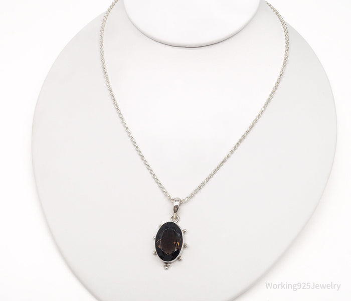 Vintage Large Smoky Topaz Sterling Silver Necklace 16"