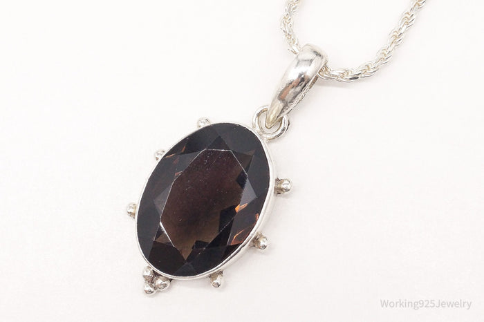 Vintage Large Smoky Topaz Sterling Silver Necklace 16"