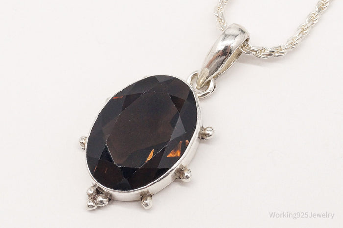 Vintage Large Smoky Topaz Sterling Silver Necklace 16"