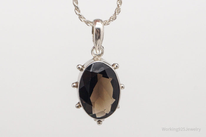 Vintage Large Smoky Topaz Sterling Silver Necklace 16"