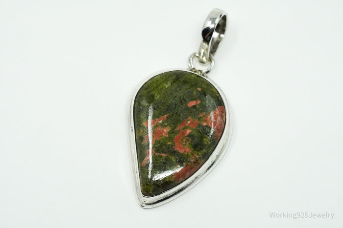 Vintage Large Unakite Sterling Silver Necklace Pendant