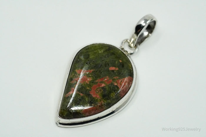 Vintage Large Unakite Sterling Silver Necklace Pendant