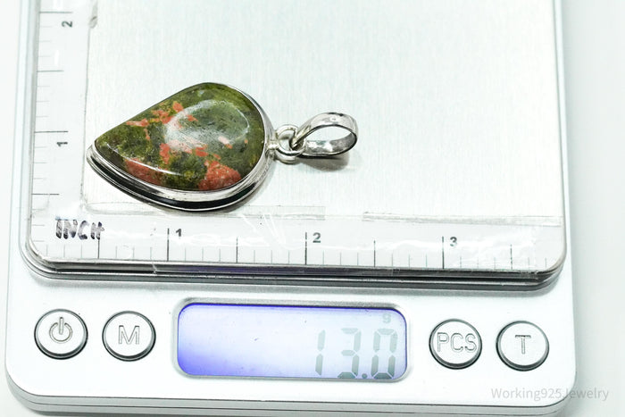 Vintage Large Unakite Sterling Silver Necklace Pendant