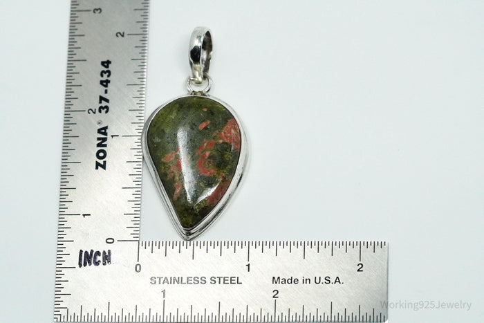 Vintage Large Unakite Sterling Silver Necklace Pendant
