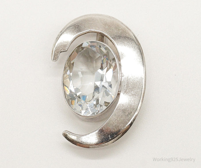 Vintage Large White Quartz Modernist Sterling Silver Brooch Pin