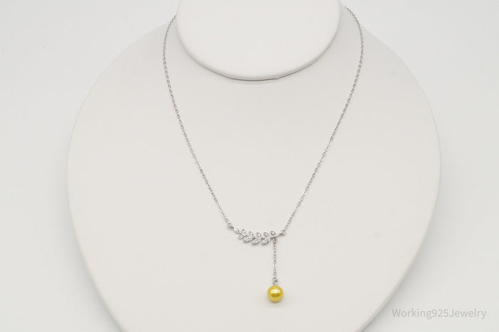 Vintage Laying Leaf Cubic Zirconia Pearl Sterling Silver Necklace