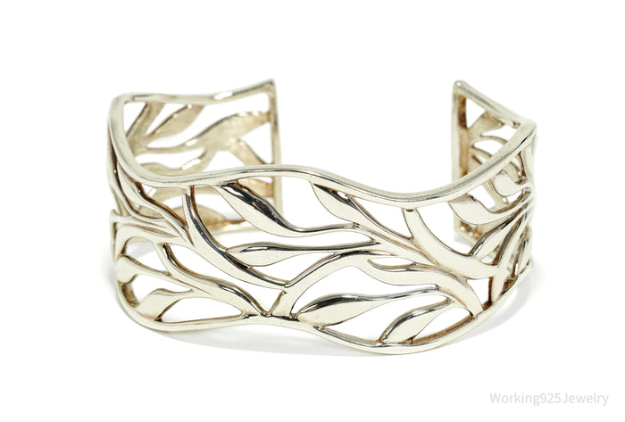 Vintage Leaf Pattern Sterling Silver Cuff Bracelet 6 7/8"