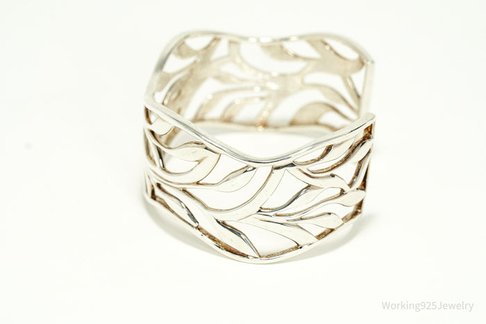 Vintage Leaf Pattern Sterling Silver Cuff Bracelet 6 7/8"