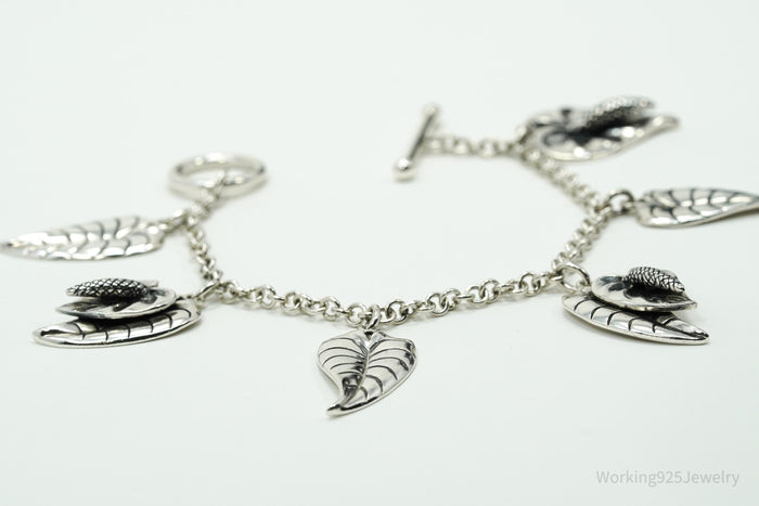 Vintage Leaves Charms Sterling Silver Toggle Bracelet 6 3/8"