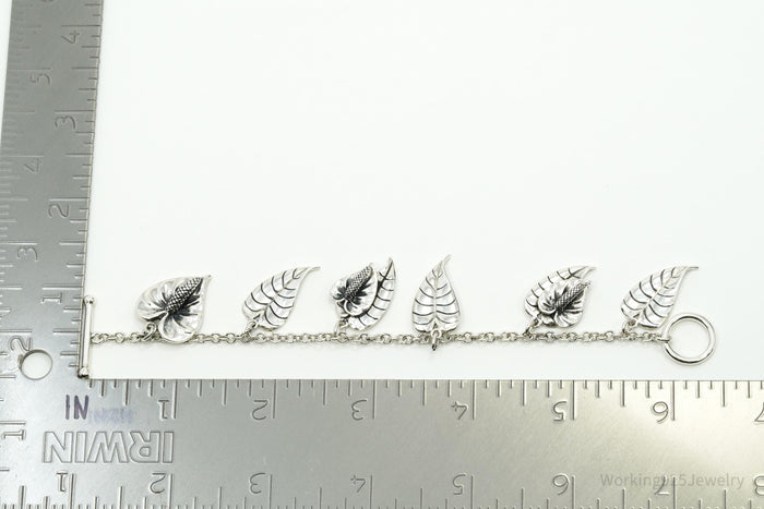 Vintage Leaves Charms Sterling Silver Toggle Bracelet 6 3/8"