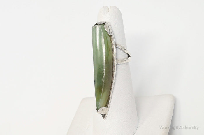 Vintage Long Green Prehnite Sterling Silver Ring - Size 5.25