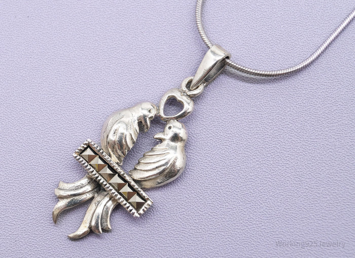 Vintage Love Birds Marcasite Sterling Silver Necklace 16"
