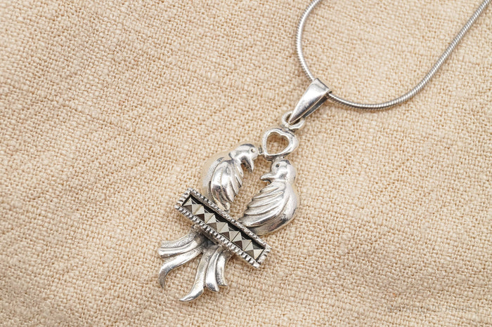 Vintage Love Birds Marcasite Sterling Silver Necklace 16"