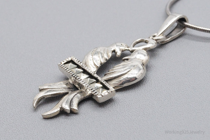 Vintage Love Birds Marcasite Sterling Silver Necklace 16"
