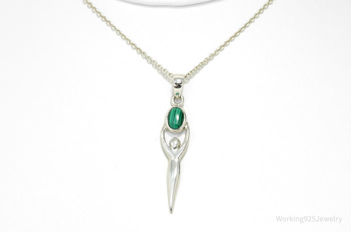 Vintage Malachite Goddess Sterling Silver Necklace 16"