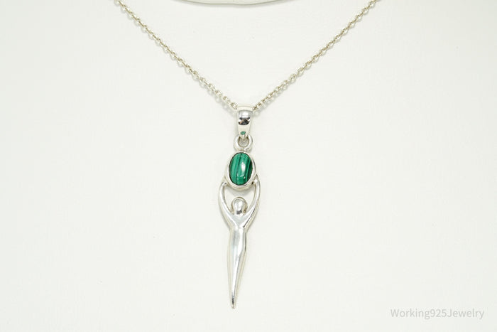 Vintage Malachite Goddess Sterling Silver Necklace 16"
