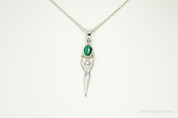 Vintage Malachite Goddess Sterling Silver Necklace 16"