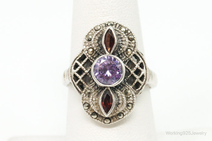 Vintage Marcasite Amethyst Garnet Sterling Silver Ring - Size 7.25