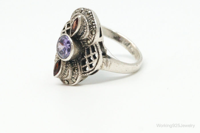 Vintage Marcasite Amethyst Garnet Sterling Silver Ring - Size 7.25