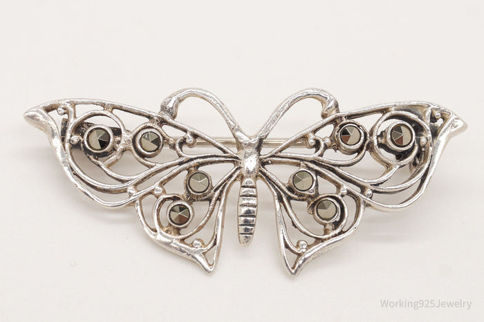 Vintage Marcasite Filigree Sterling Silver Butterfly Brooch Pin