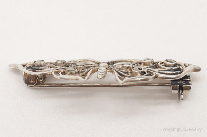 Vintage Marcasite Filigree Sterling Silver Butterfly Brooch Pin