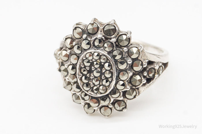 Vintage Marcasite Flower Sterling Silver Ring - Size 5.75