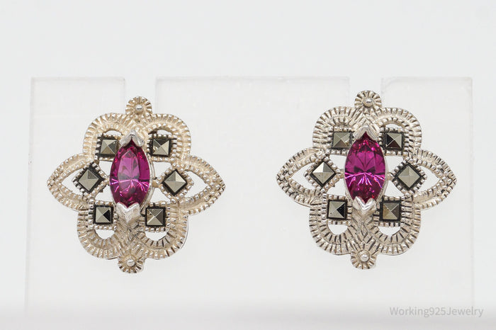 Vintage Marcasite Fuchsia Rhinestone Sterling Silver Earrings