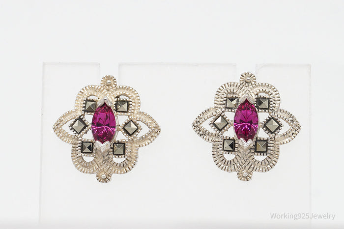 Vintage Marcasite Fuchsia Rhinestone Sterling Silver Earrings