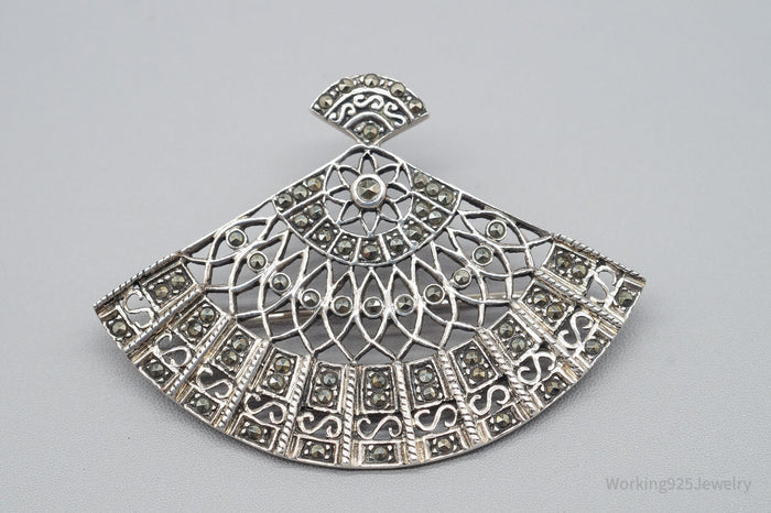 Vintage Marcasite Sterling Silver Hand Fan Pendant Pin