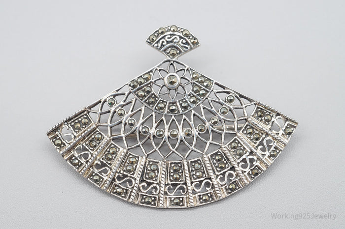 Vintage Marcasite Sterling Silver Hand Fan Pendant Pin