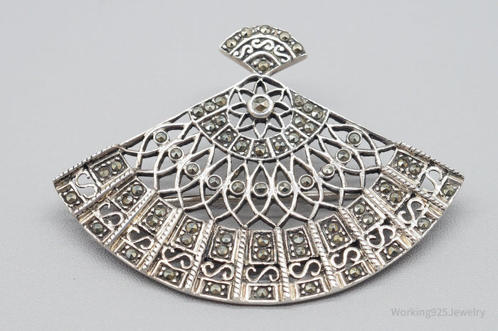 Vintage Marcasite Sterling Silver Hand Fan Pendant Pin
