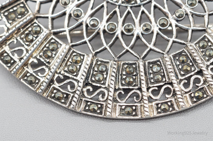Vintage Marcasite Sterling Silver Hand Fan Pendant Pin