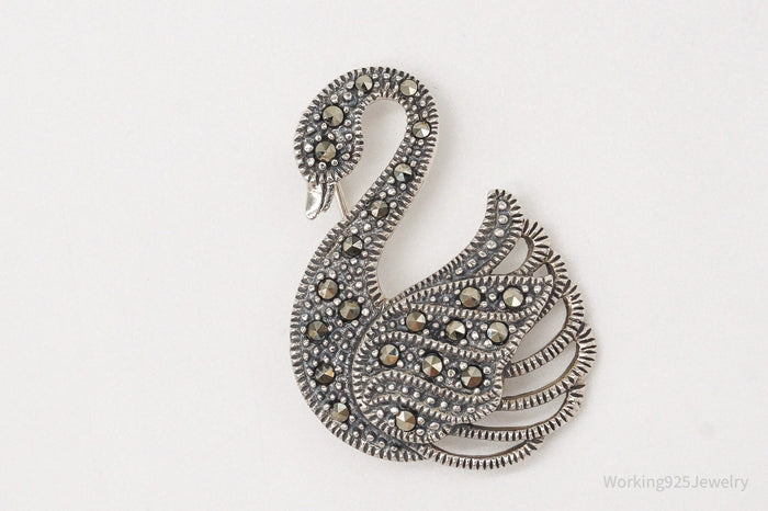 Vintage Marcasite Swan Sterling Silver Brooch Pin
