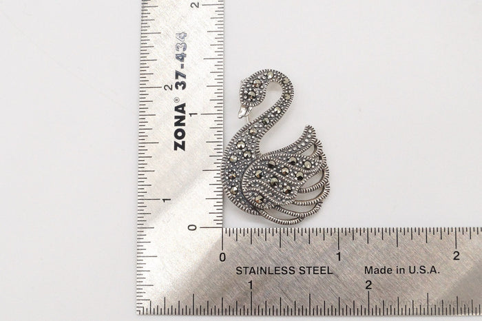 Vintage Marcasite Swan Sterling Silver Brooch Pin
