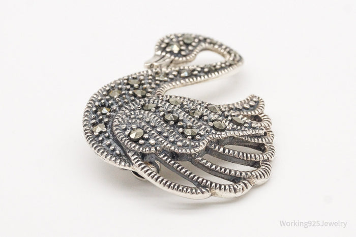 Vintage Marcasite Swan Sterling Silver Brooch Pin