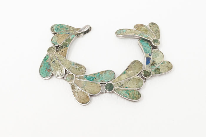 Vintage Mex Green Turquoise Southwestern Handmade Sterling Silver Panel Bracelet