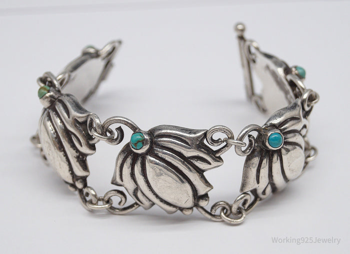 Vintage Mexico Blue Turquoise Inlay & Flowers Silver Bracelet - 7.75"