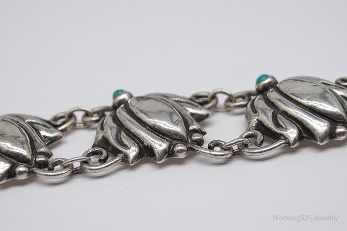 Vintage Mexico Blue Turquoise Inlay & Flowers Silver Bracelet - 7.75"